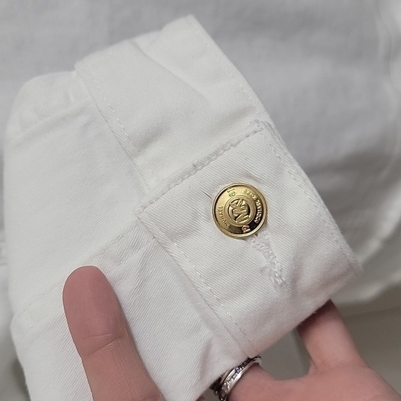 Michael Michael Kors Size M White Denim Jacket, Gold Tone Buttons, Frayed Hem - Picture 5 of 11